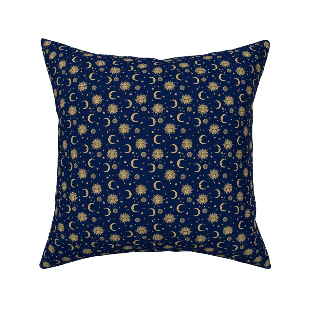 Sun Moon and Stars - Dark Pillow, Woven, Beige, 16x16, Single Sided, Blue
