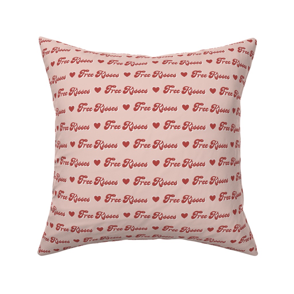Free Kisses - Retro Hearts - Red on Pink Pillow, Woven, Beige, 16x16, Single Sided, Pink