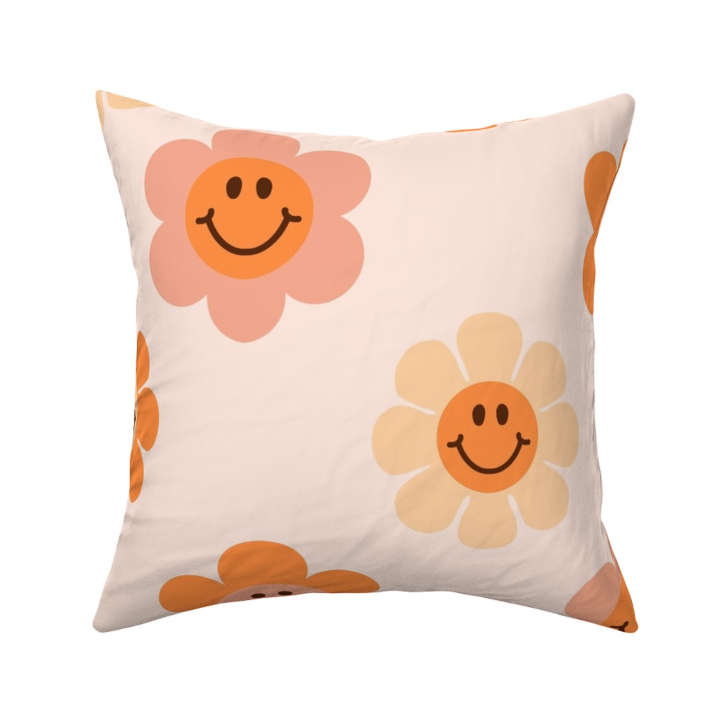 Smiley Floral - Orange Pillow, Woven, Beige, 16x16, Single Sided, Orange