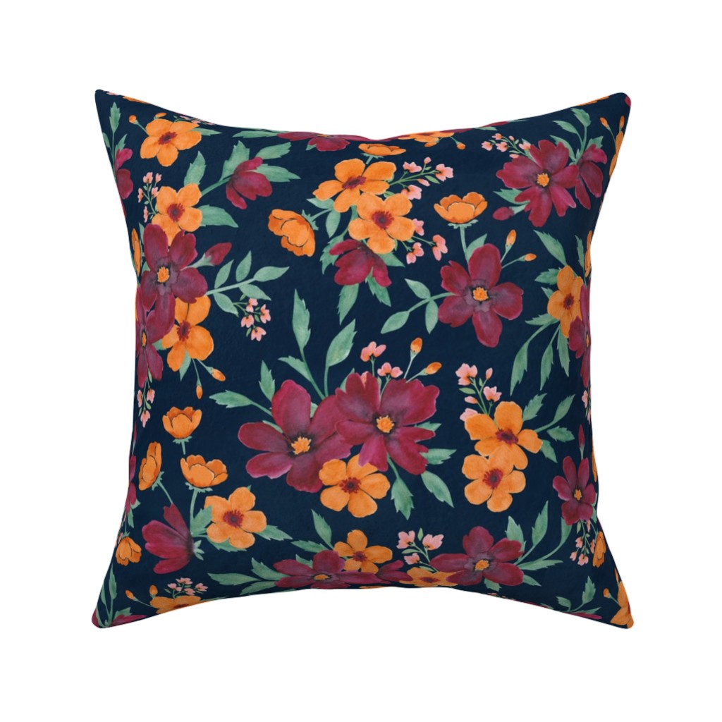 Watercolor Autumn Florals - Navy Pillow, Woven, Beige, 16x16, Single Sided, Multicolor