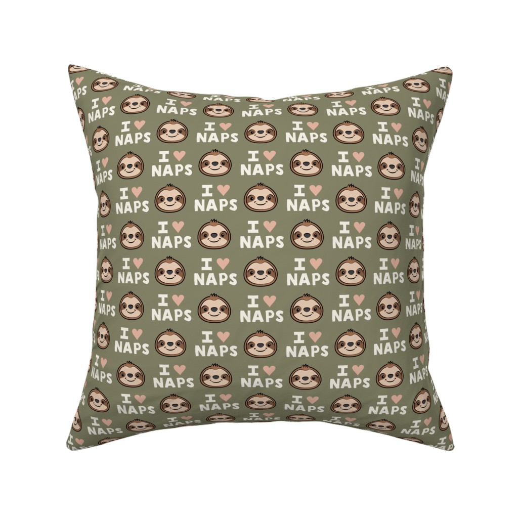I Heart Naps - Cute Sloths - Olive Green Pillow, Woven, Beige, 16x16, Single Sided, Green, Classic Green