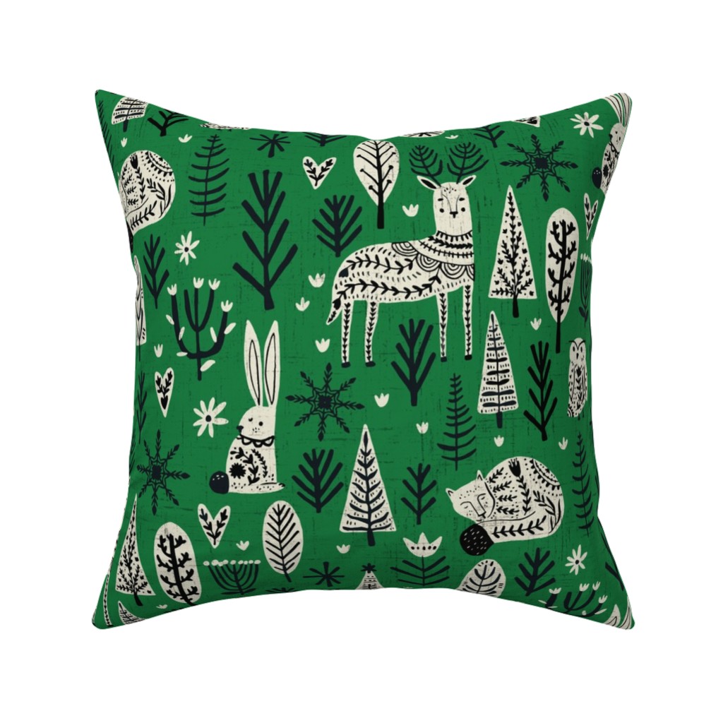 Scandi Snowflake Holiday - Alligator Green With Vanilla & Black Pillow, Woven, Beige, 16x16, Single Sided, Green