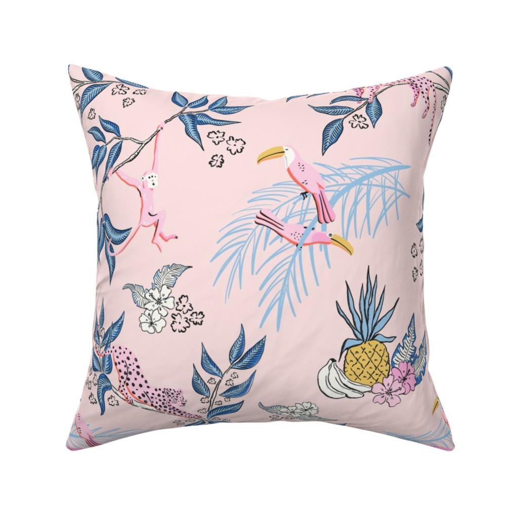 Jungle Toile - Pink Pillow, Woven, Beige, 16x16, Single Sided, Pink