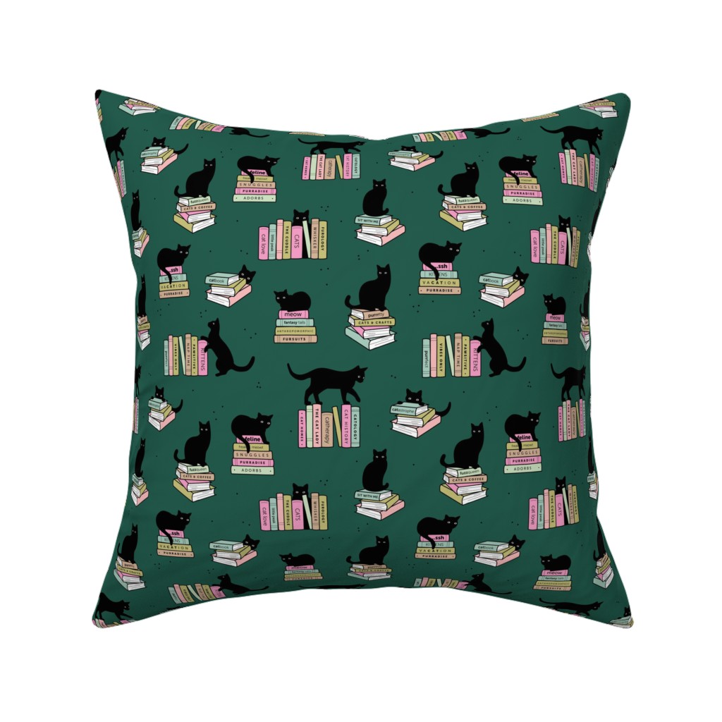Cats and Books Pillow, Woven, Beige, 16x16, Single Sided, Green, Forest