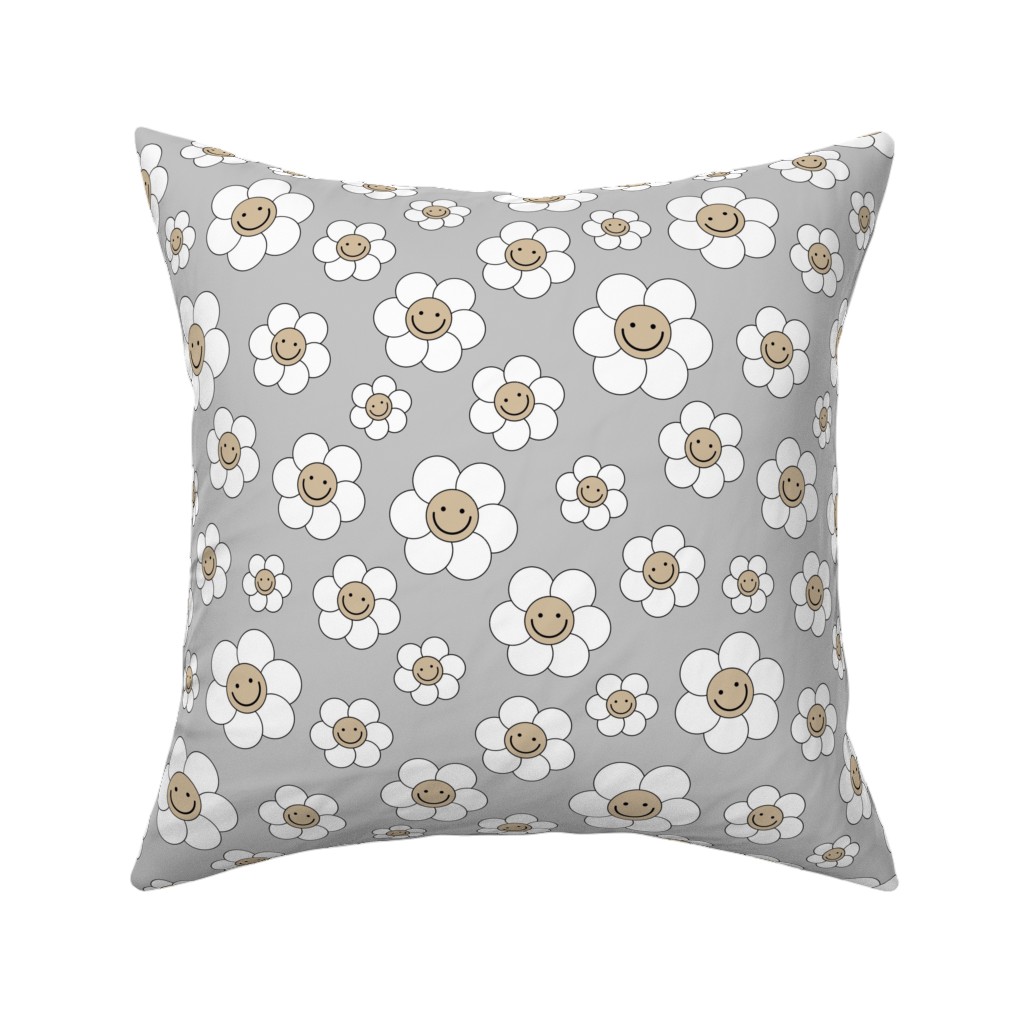 Sweet Smiling Daisies Pillow, Woven, Beige, 16x16, Single Sided, Gray, Fog