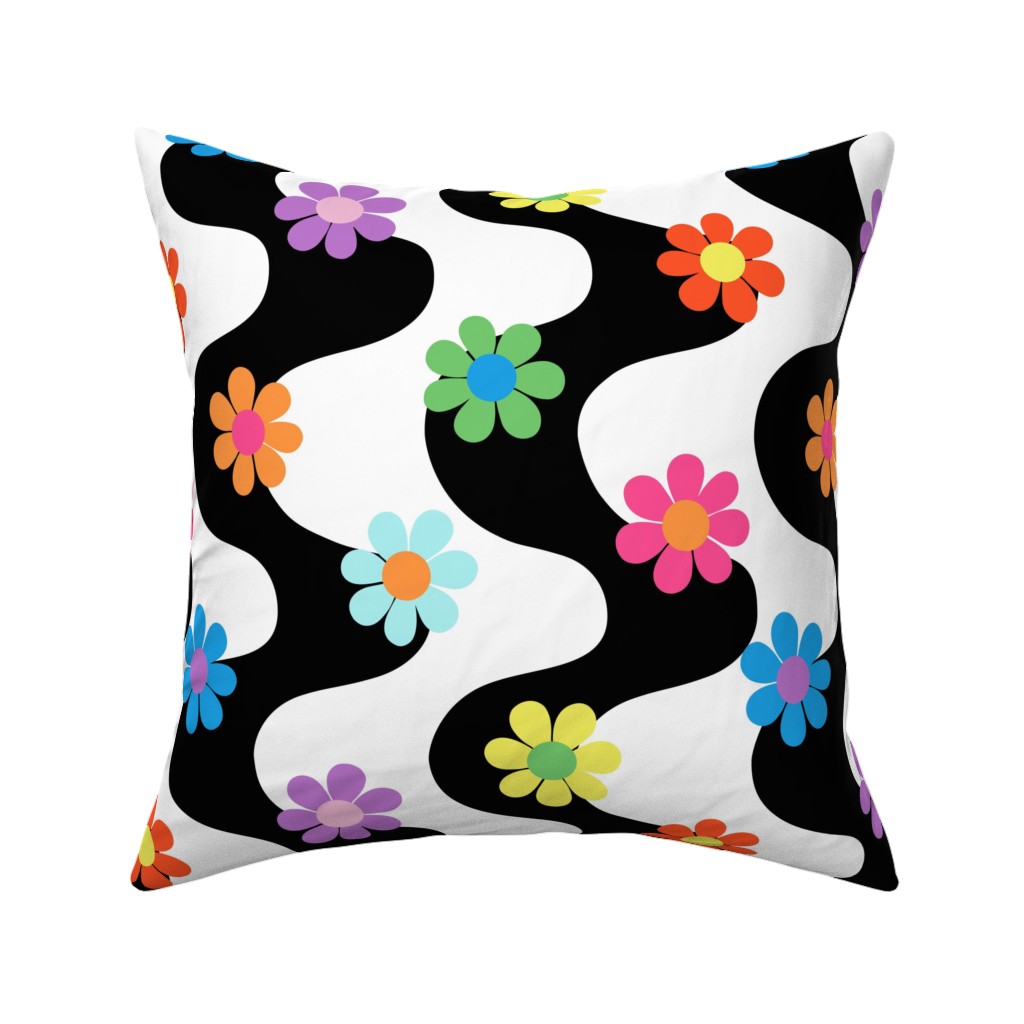 Groovy Daisy Rainbow Pillow, Woven, Beige, 16x16, Single Sided, Multicolor, Black