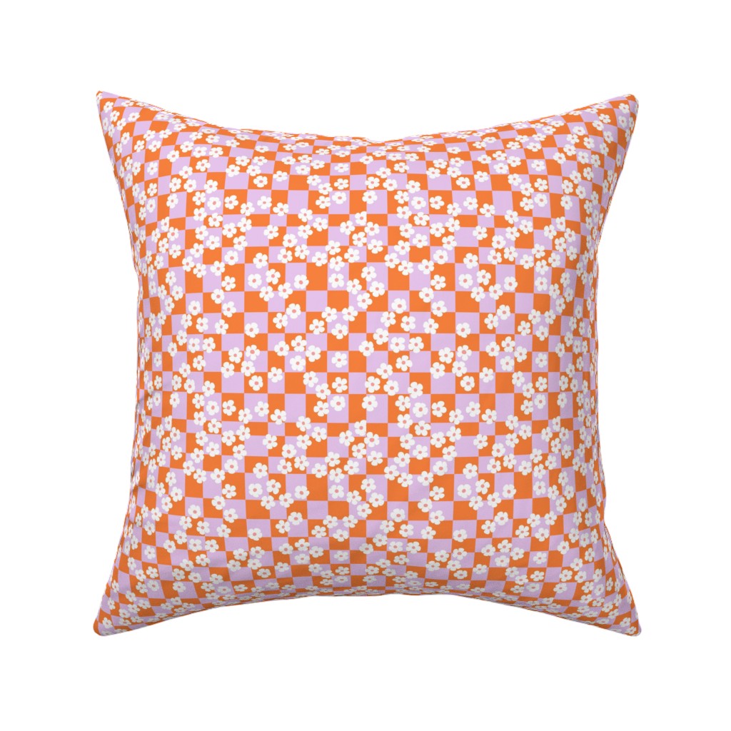 Checkered Daisies Retro - Orange and Pink Pillow, Woven, Beige, 16x16, Single Sided, Multicolor