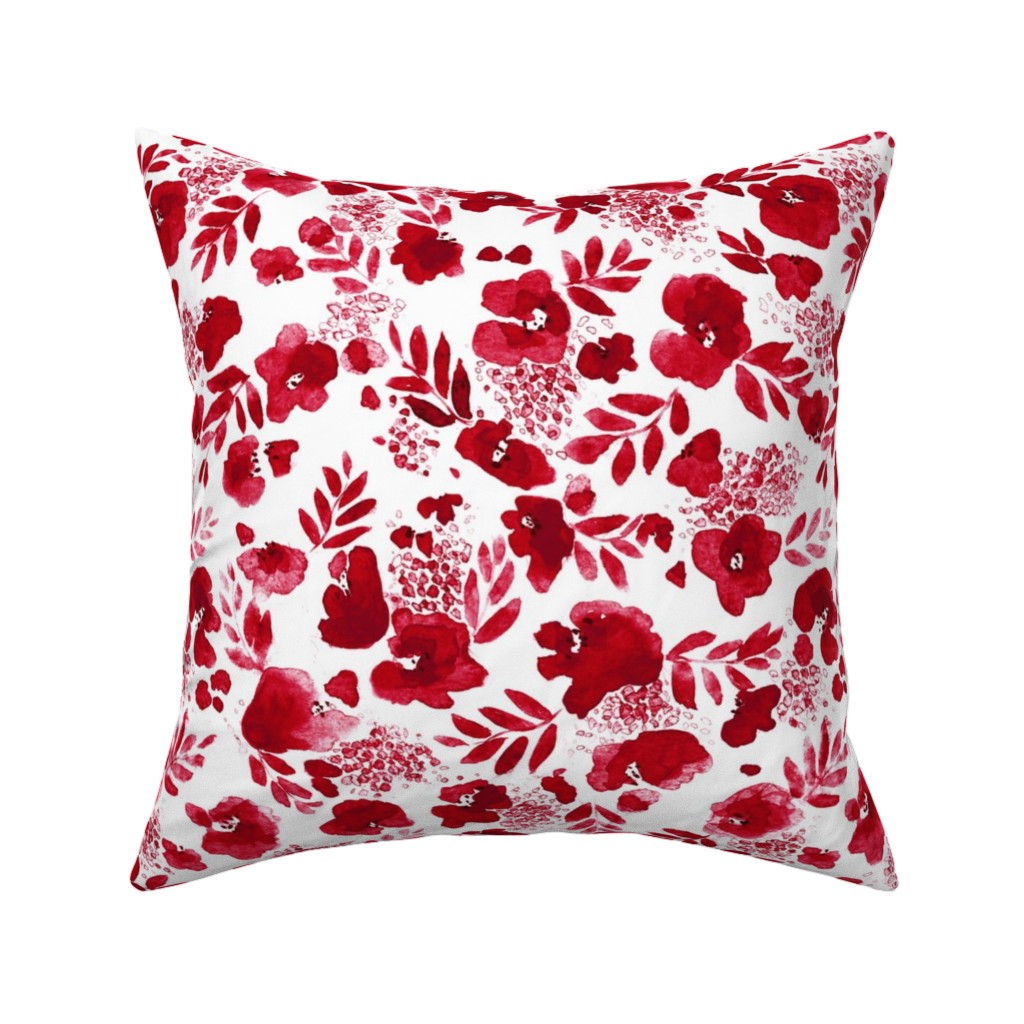 Floret Floral - Red Pillow, Woven, Beige, 16x16, Single Sided, Red