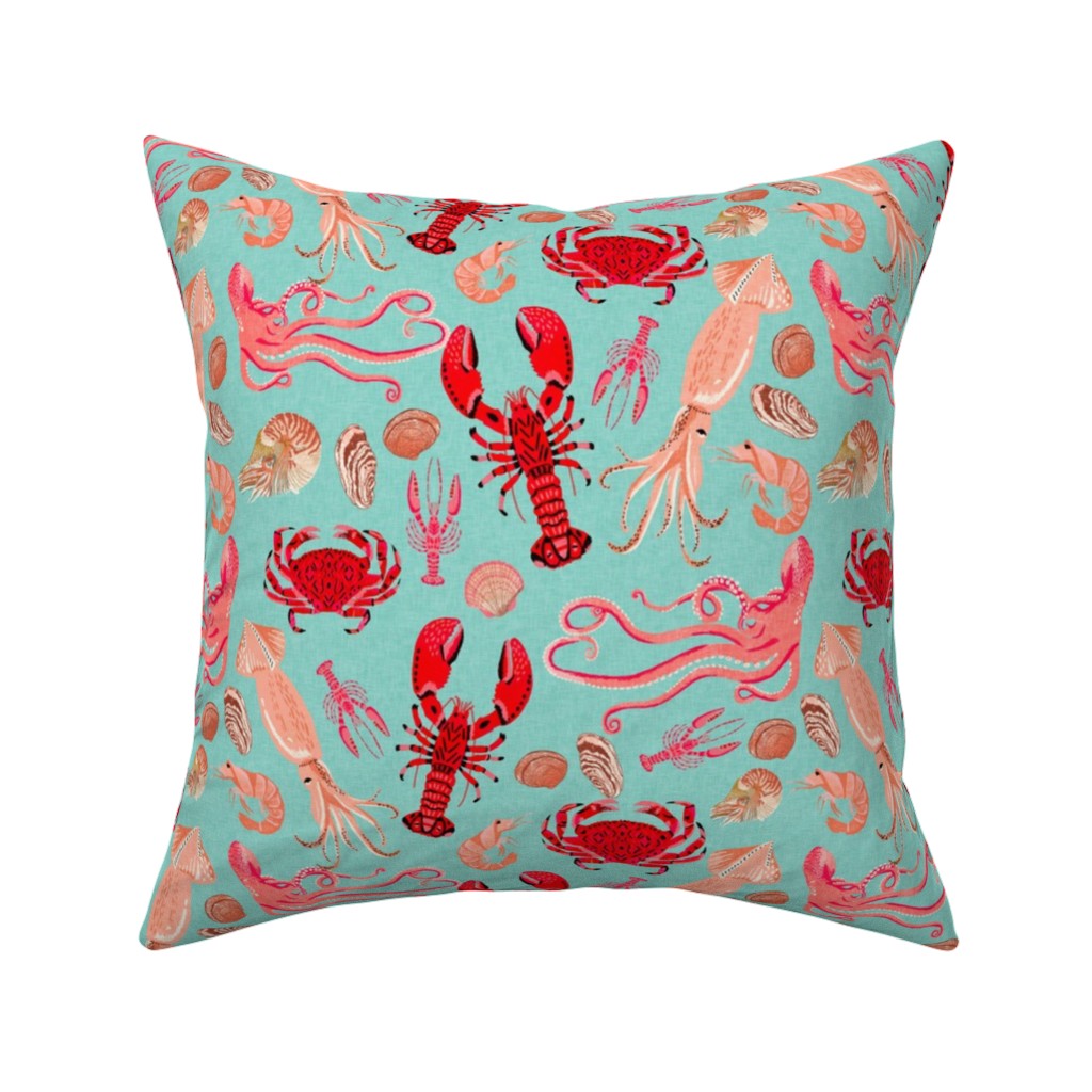 Ocean Creatures - Red on Green Pillow, Woven, Beige, 16x16, Single Sided, Red