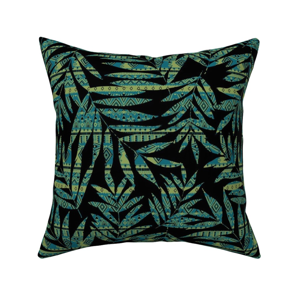 Patterned Palm - Dark Pillow, Woven, Beige, 16x16, Single Sided, Black