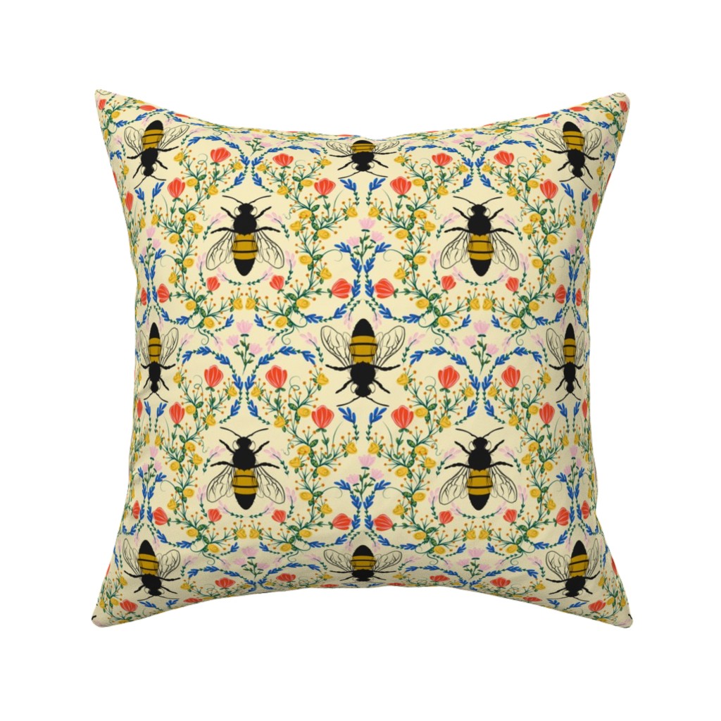 Bee Garden - Multi on Cream Pillow, Woven, Beige, 16x16, Single Sided, Yellow