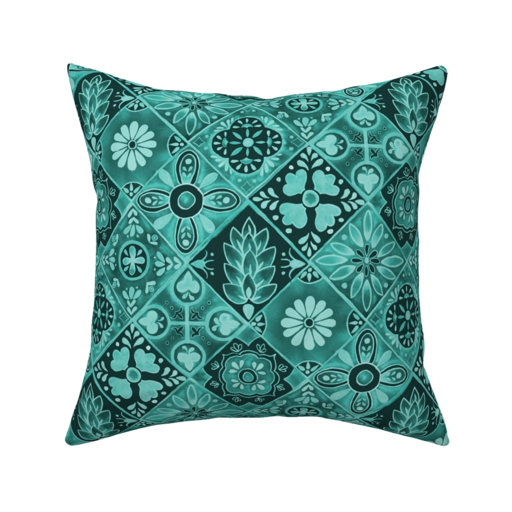 Watercolor Talavera Tiles Pillow, Woven, Beige, 16x16, Single Sided, Green, Classic Green