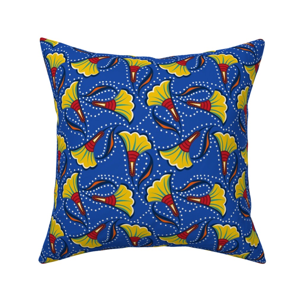African Floral Pillow, Woven, Beige, 16x16, Single Sided, Blue, True Blue