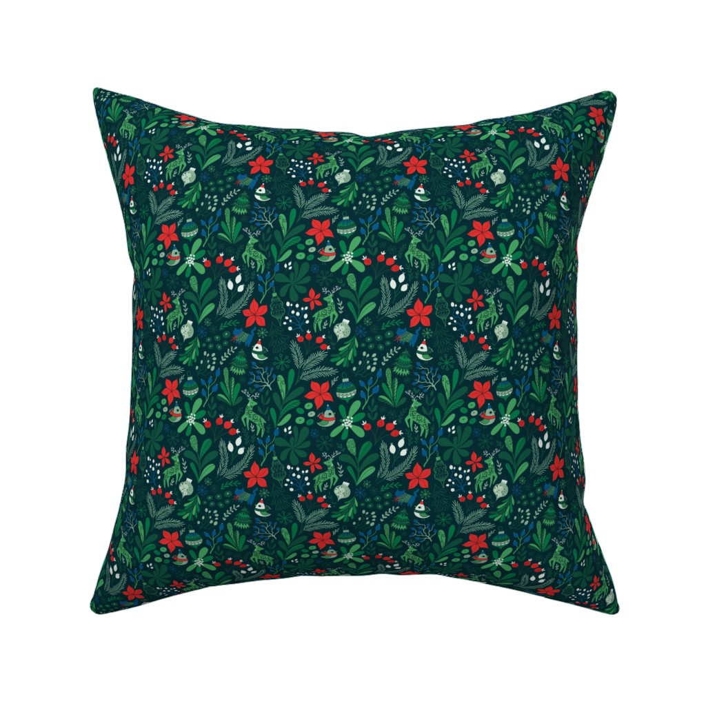 Merry Christmas Floral - Dark Pillow, Woven, Beige, 16x16, Single Sided, Green