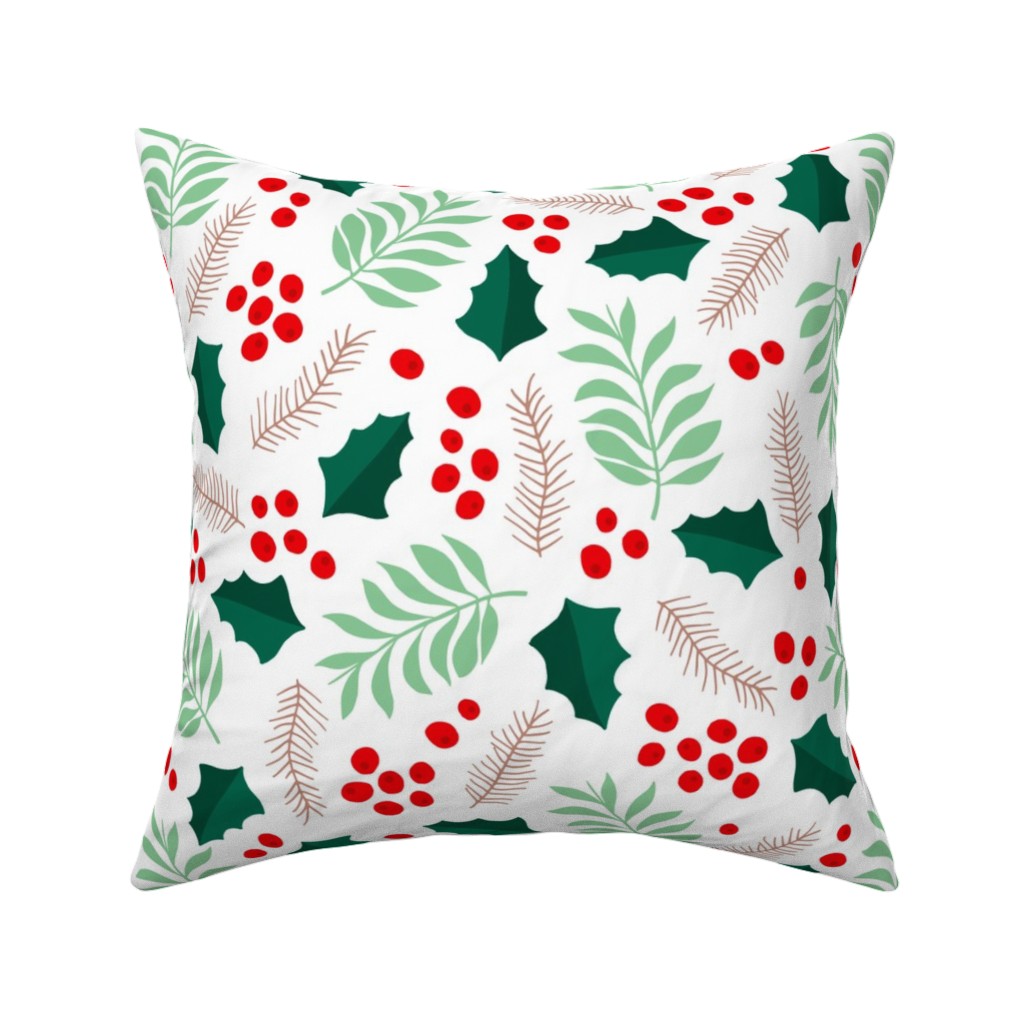 Botanical Christmas Garden Pine Leaves Holly Branch Berries - Green and Red Pillow, Woven, Beige, 16x16, Single Sided, Green, Classic Green
