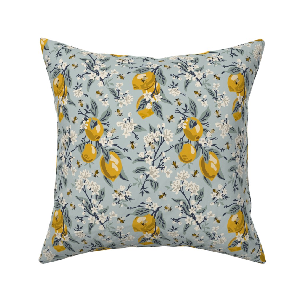 Bees, Blossoms & Lemons - Blue Pillow, Woven, Beige, 16x16, Single Sided, Blue