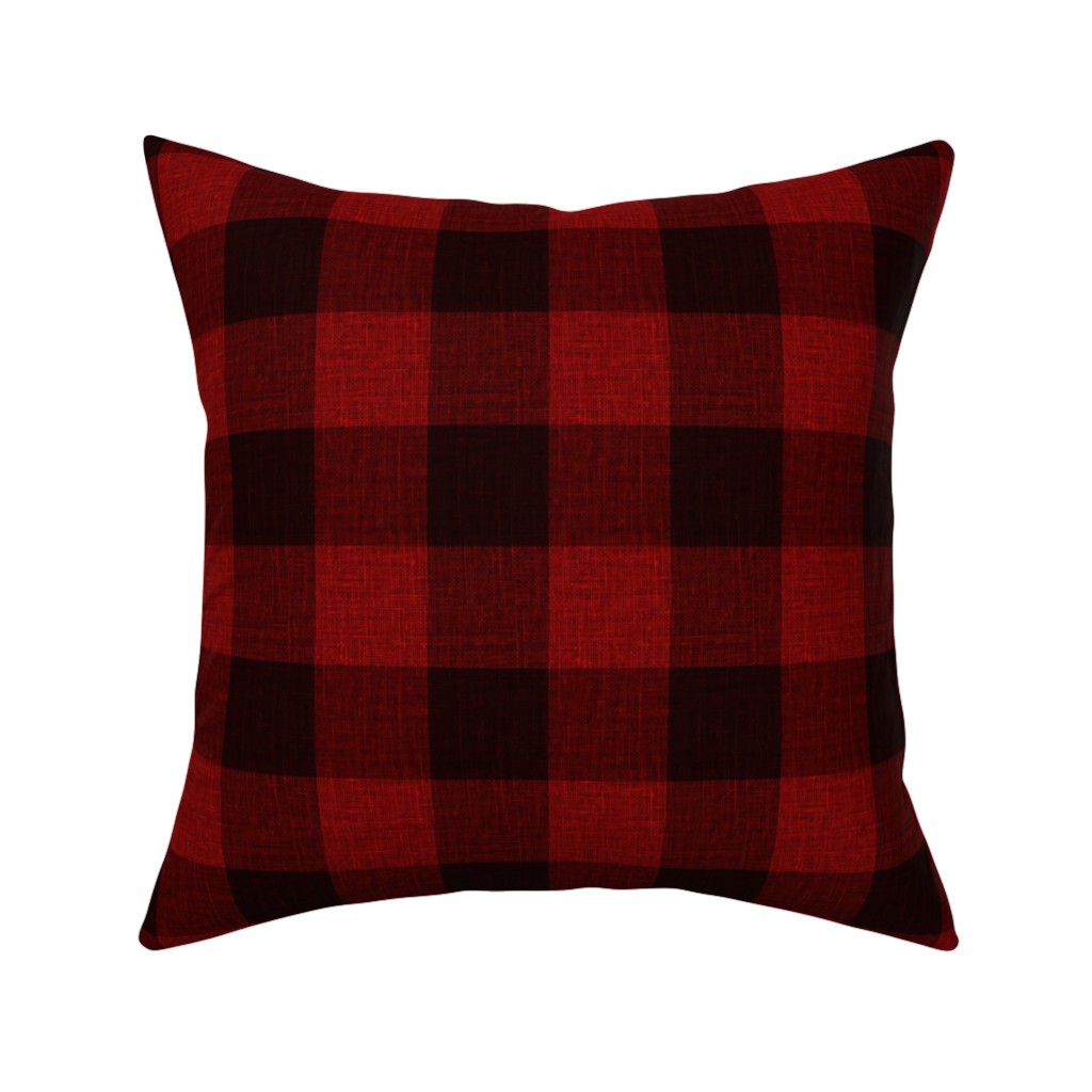 Linen Look Gingham Lumberjack - Red, Black Pillow, Woven, Beige, 16x16, Single Sided, Red
