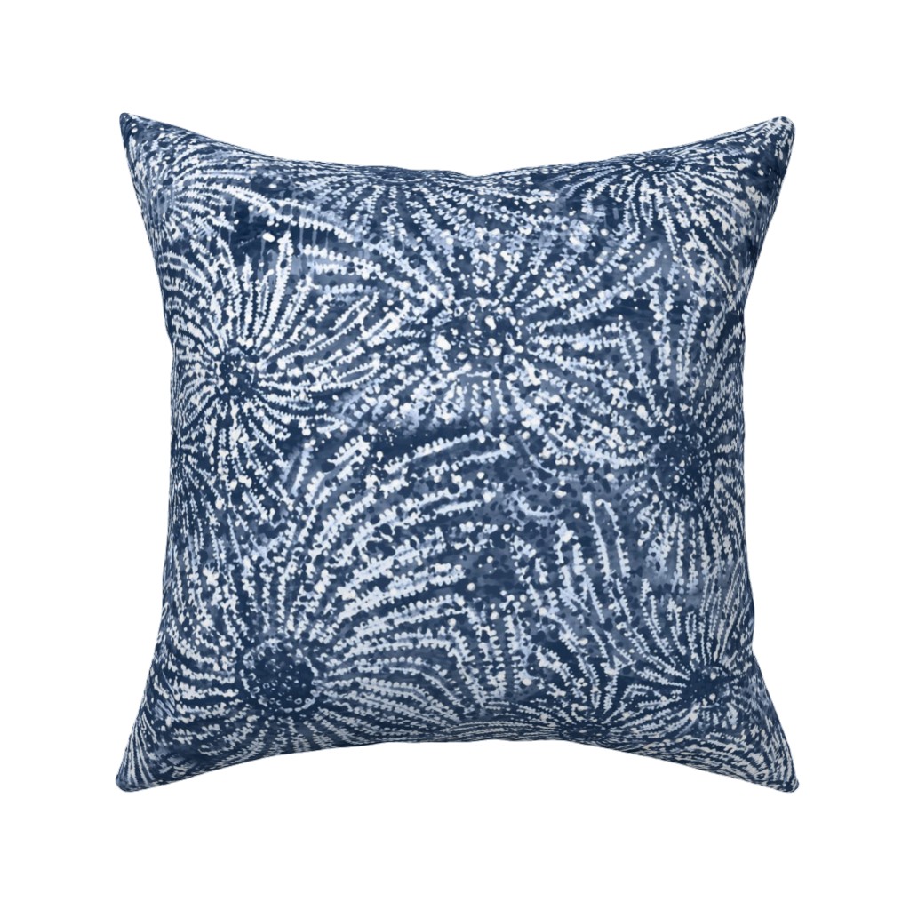 Shibori Floral Bursts - Navy Pillow, Woven, Beige, 16x16, Single Sided, Blue