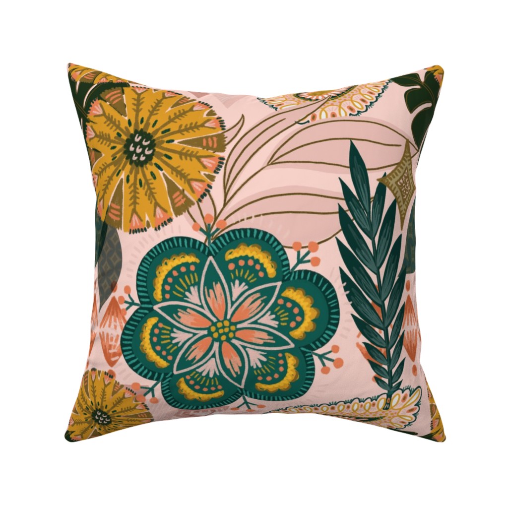 Boho Tropical - Floral - Pink Pillow, Woven, Beige, 16x16, Single Sided, Multicolor