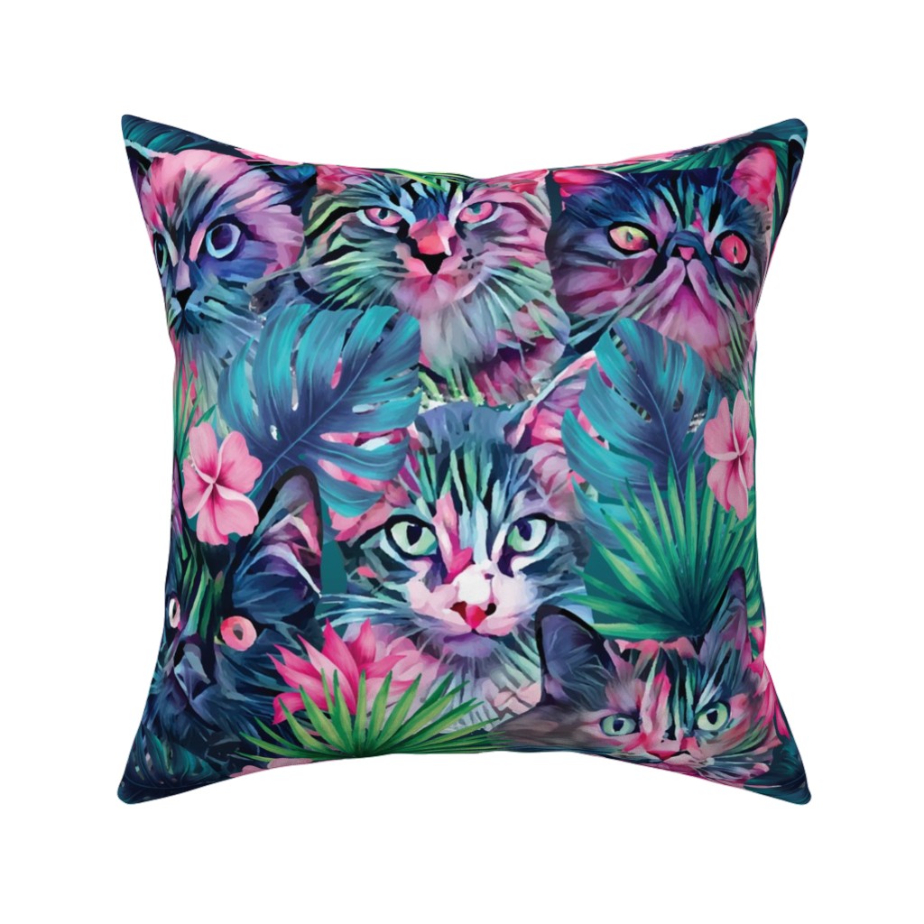 Cats and Summer Floral - Multi Pillow, Woven, Beige, 16x16, Single Sided, Multicolor