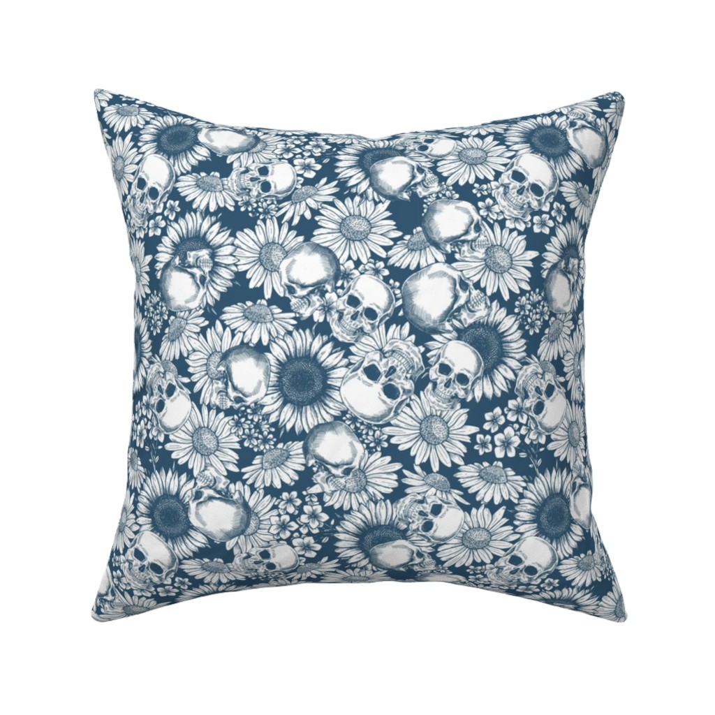 Floral Skull - Blue Pillow, Woven, Beige, 16x16, Single Sided, Blue