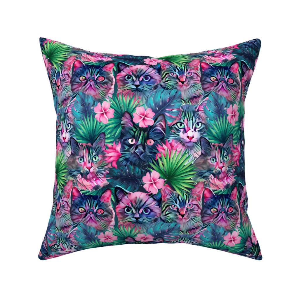 Summer Floral Cats - Multi Pillow, Woven, Beige, 16x16, Single Sided, Multicolor