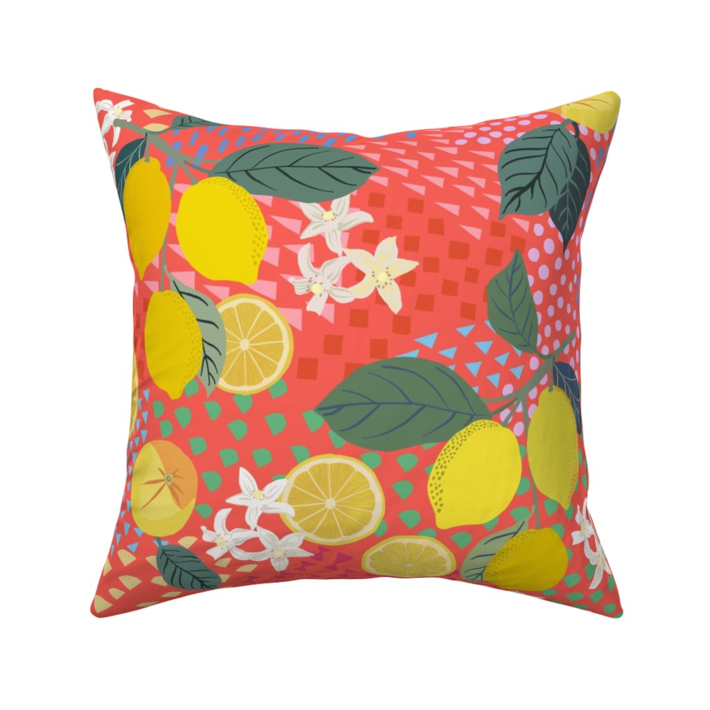 Lemon Flower Branches and Pop - Pink Pillow, Woven, Beige, 16x16, Single Sided, Pink, Bright Pink