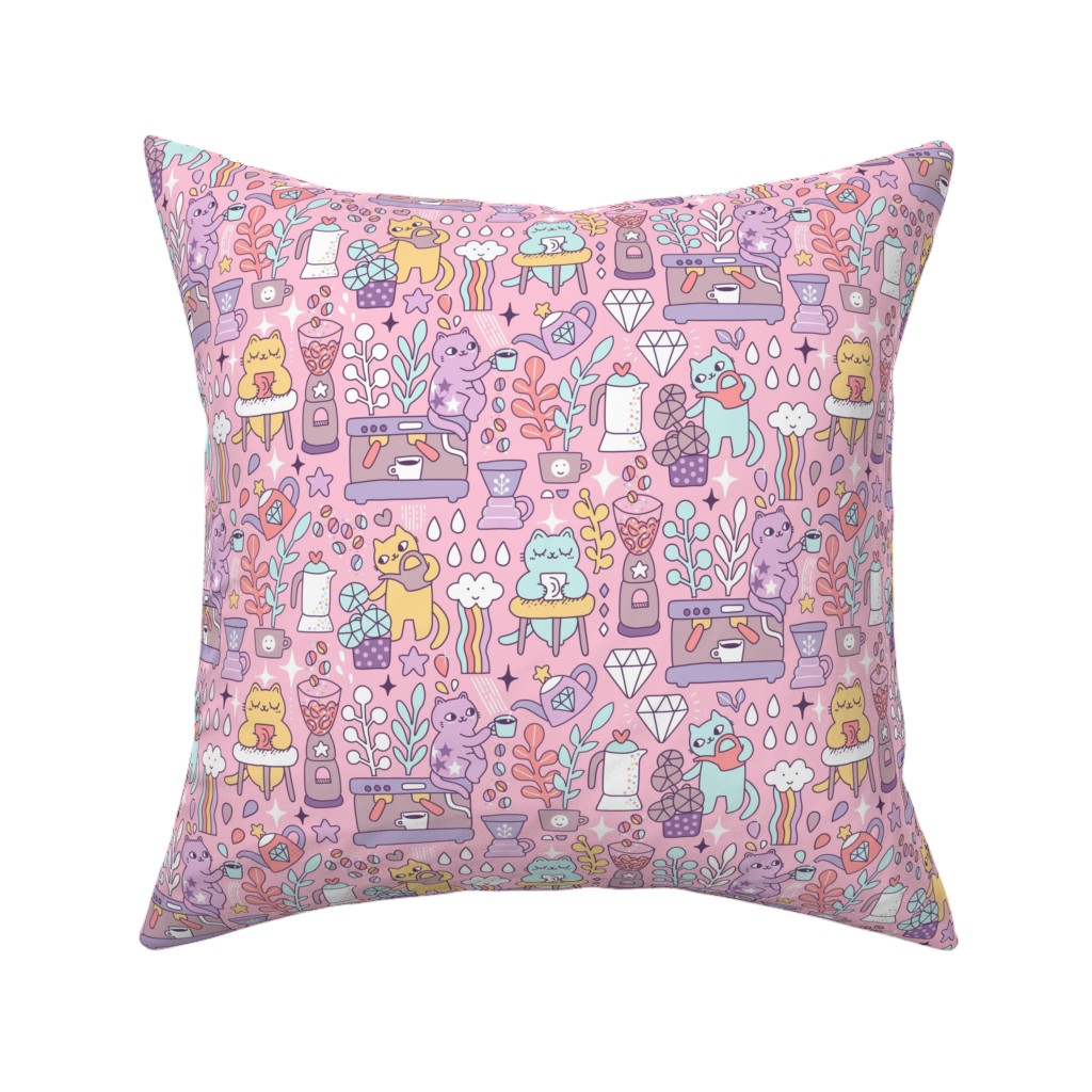 Cute Cats - Multicolor Pastel Pillow, Woven, Beige, 16x16, Single Sided, Pink