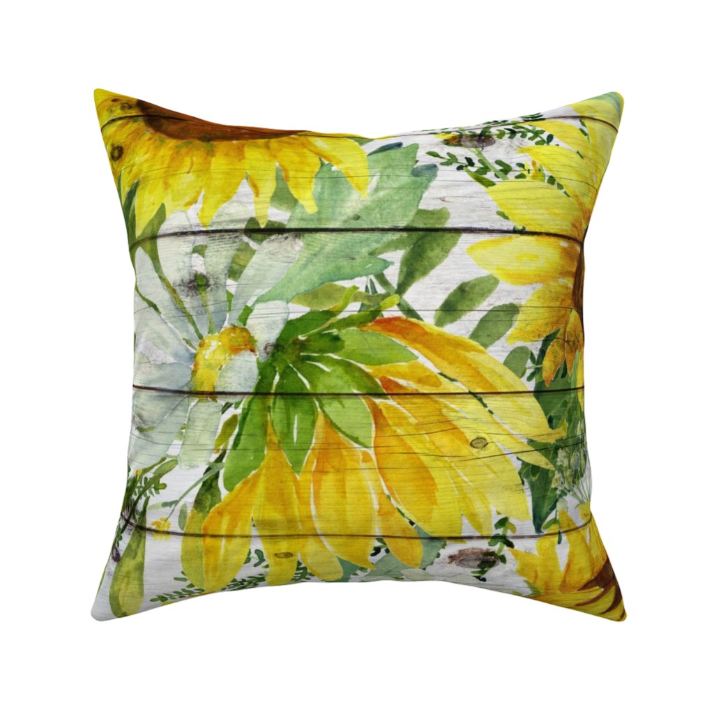 Watercolor Sunflowers and Daisies - Multi Pillow, Woven, Black, 16x16, Single Sided, Multicolor