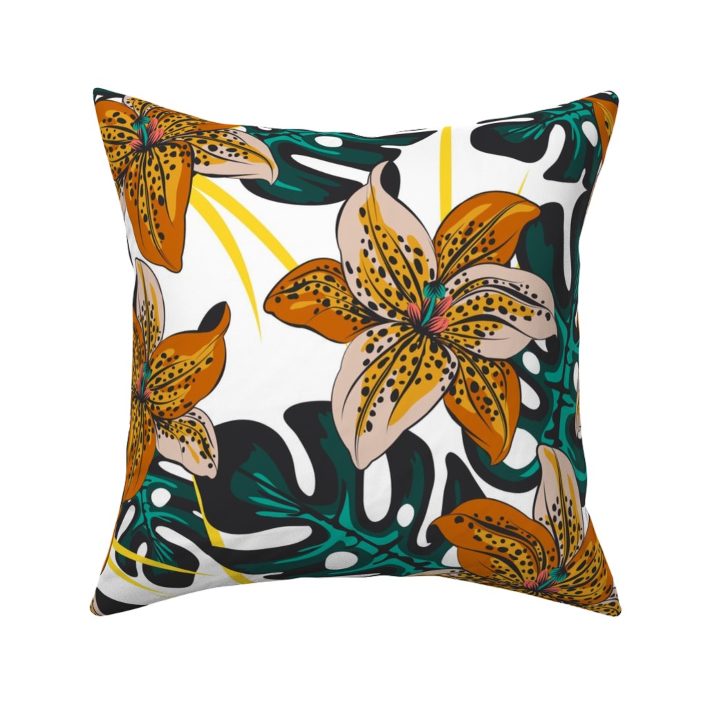 Tropical Lily on White Pillow, Woven, Black, 16x16, Single Sided, Multicolor