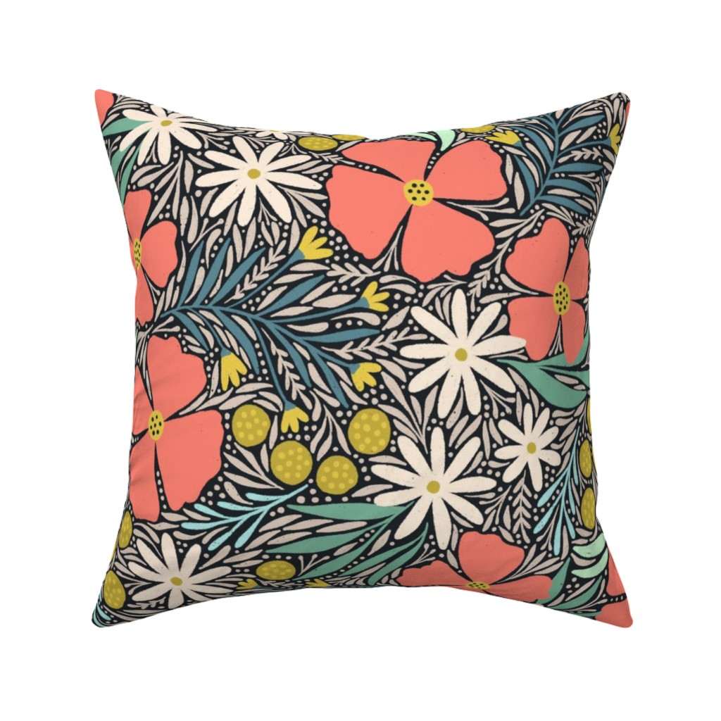 Hilda Floral - Coral Pillow, Woven, Black, 16x16, Single Sided, Multicolor