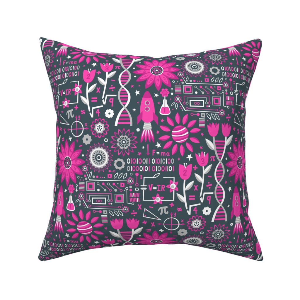 Flowers and Stem Pillow, Woven, Black, 16x16, Single Sided, Pink