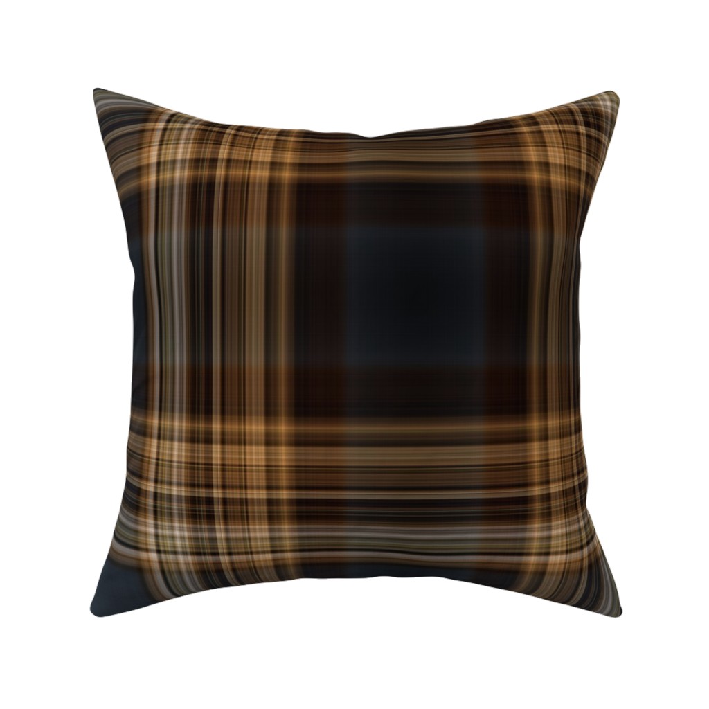 Fine Line Plaid - Dark Blue and Brown Pillow, Woven, Black, 16x16, Single Sided, Brown