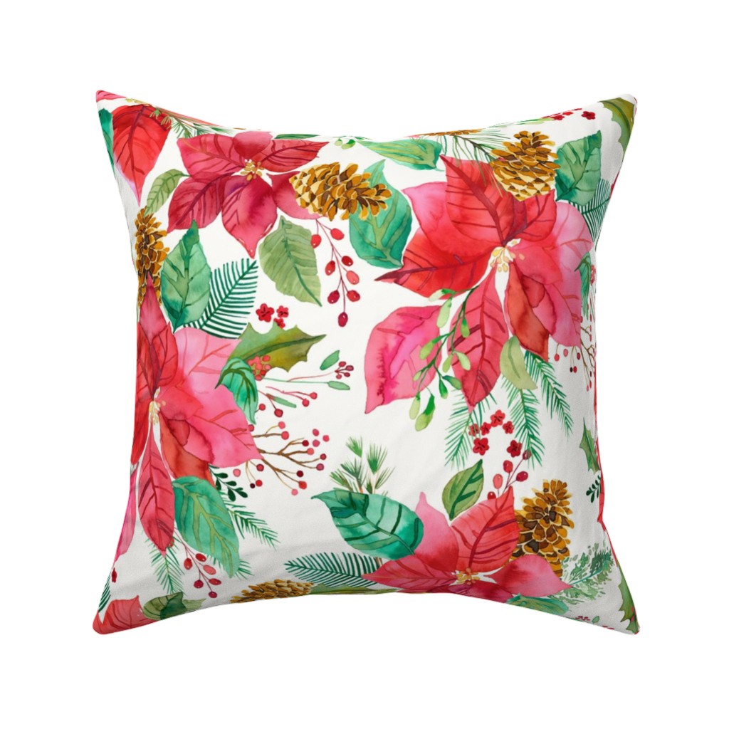 Poinsettias Christmas Flower Bouquets - Red Pillow, Woven, Black, 16x16, Single Sided, Red, Red