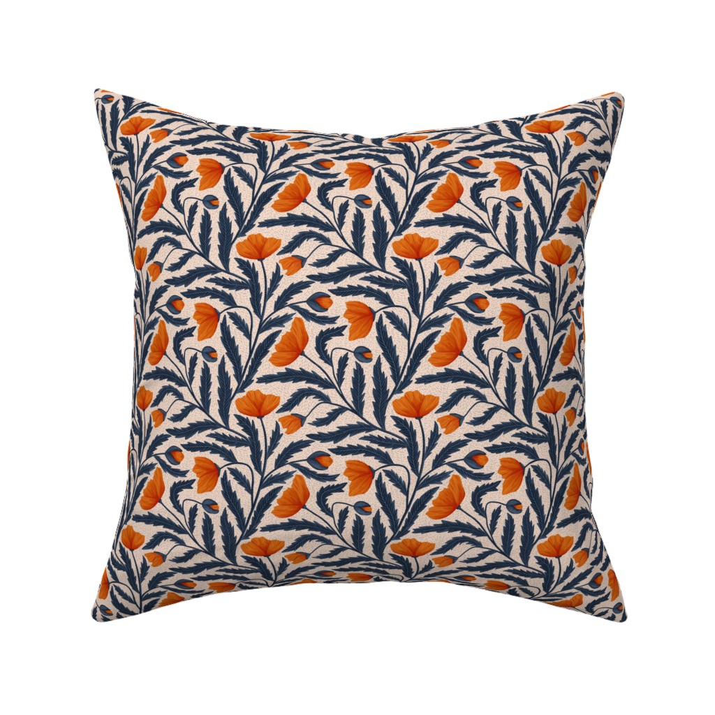 Poppy Flower - Blue and Orange Pillow, Woven, Black, 16x16, Single Sided, Blue