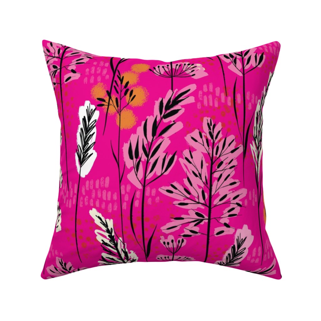 Wild Grasses on Pink Skies Pillow, Woven, Black, 16x16, Single Sided, Pink, Bright Pink