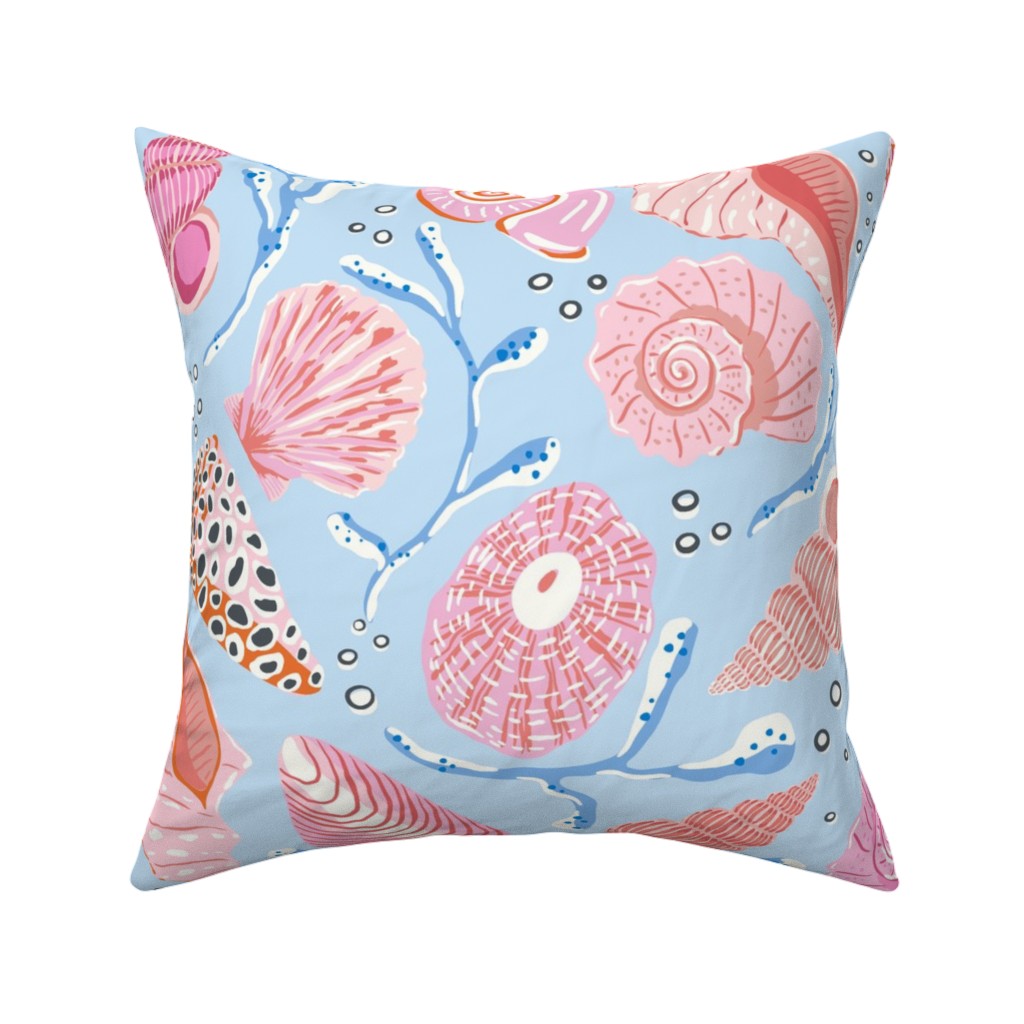 Seashells - Pink on Blue Pillow, Woven, Black, 16x16, Single Sided, Blue