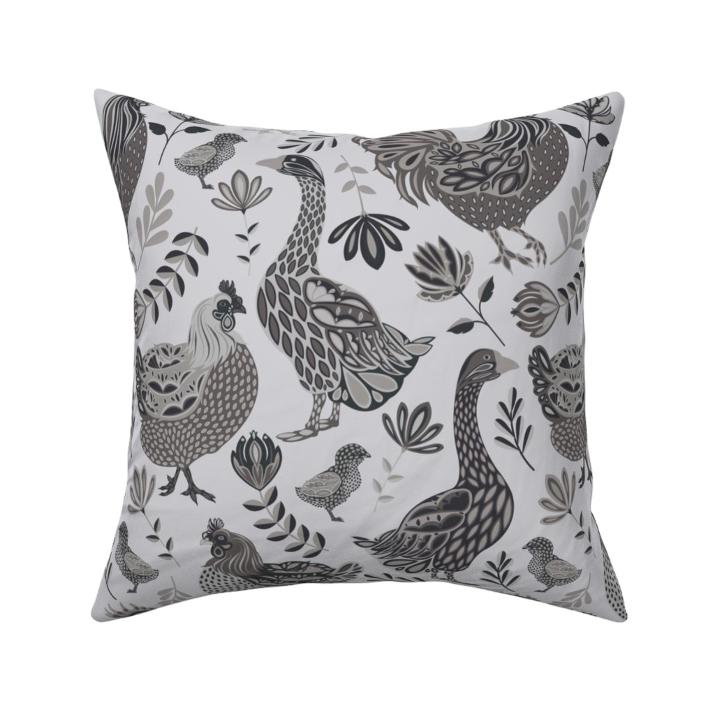 French Farm Birds - Greyscale Pillow, Woven, Black, 16x16, Single Sided, Gray