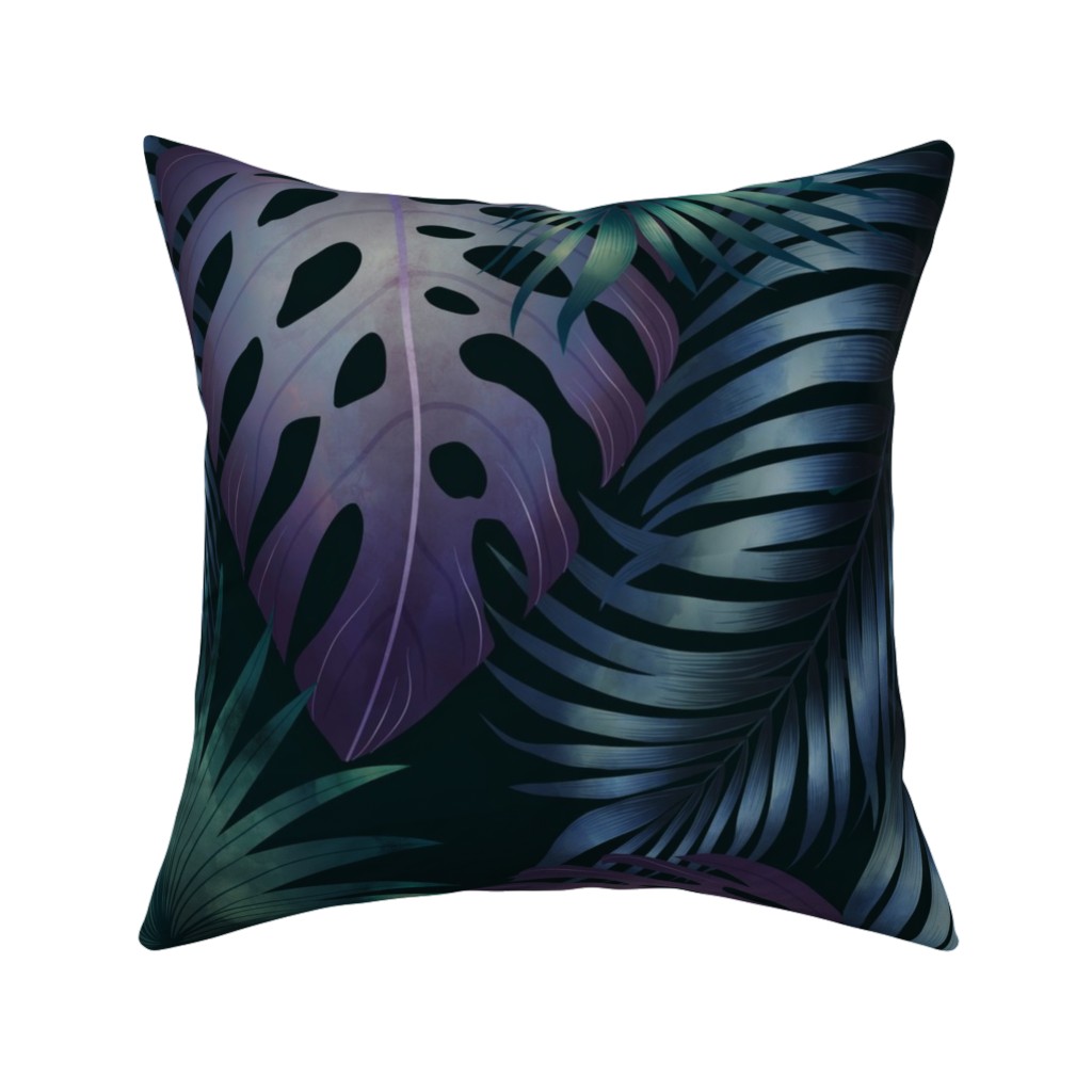 Tropical Leaves in the Moonlight - Dark Pillow, Woven, Black, 16x16, Single Sided, Blue