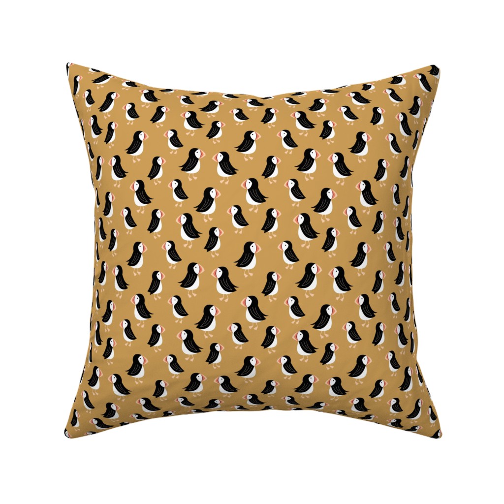 Little Puffin Friends Pillow, Woven, Black, 16x16, Single Sided, Yellow, Gilded