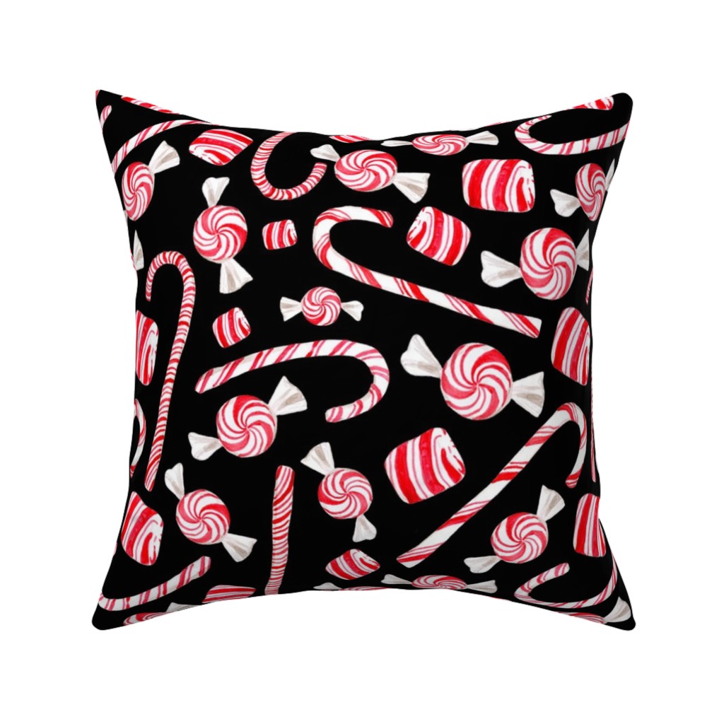 Christmas Candy Canes - Black Pillow, Woven, Black, 16x16, Single Sided, Red, Red