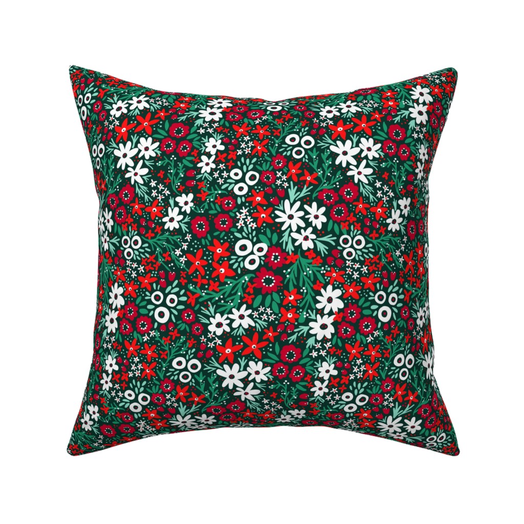 Rustic Floral - Holiday Red and Green Pillow, Woven, Black, 16x16, Single Sided, Green, Classic Green