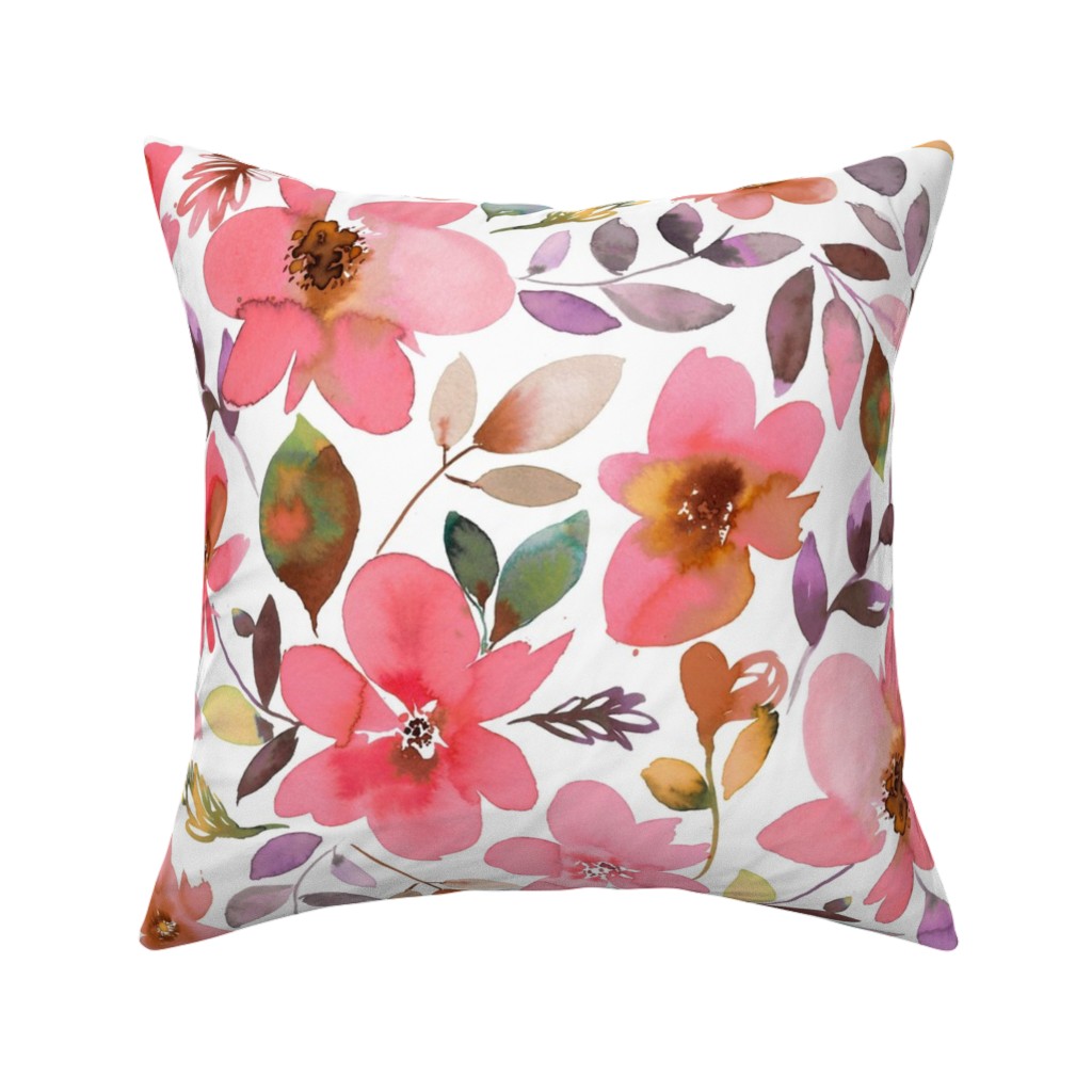Summery Watercolor Flowers - Coral Pink Pillow, Woven, Black, 16x16, Single Sided, Pink, Bright Pink