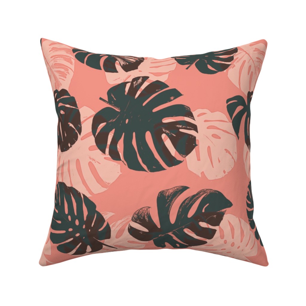 Monstera Leaves - Calypso Pillow, Woven, Black, 16x16, Single Sided, Pink