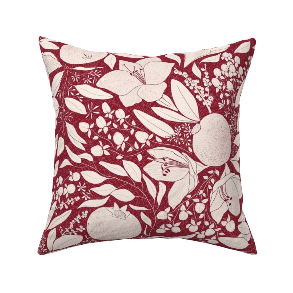 Winter Florals - Burgundy Pillow, Woven, Black, 16x16, Single Sided, Red