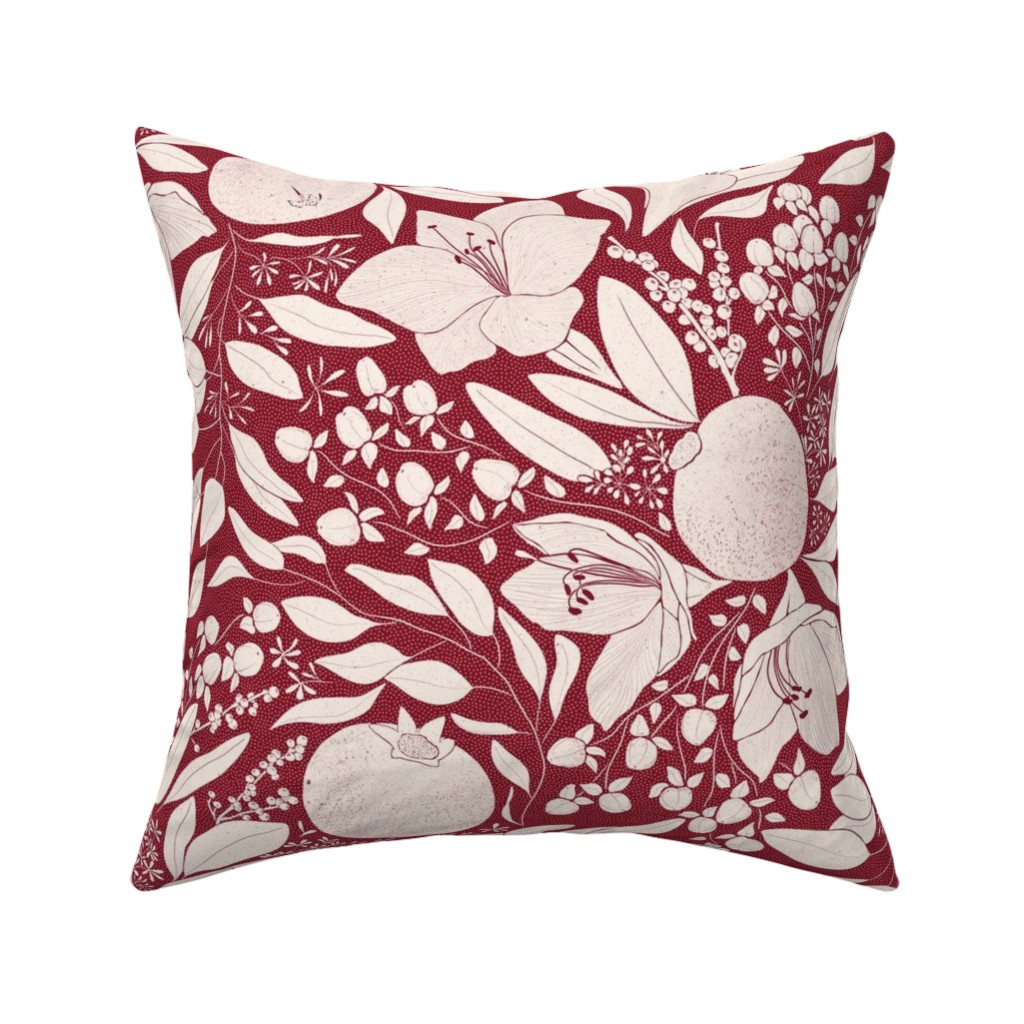 Winter Florals - Burgundy Pillow, Woven, Black, 16x16, Single Sided, Red, Red