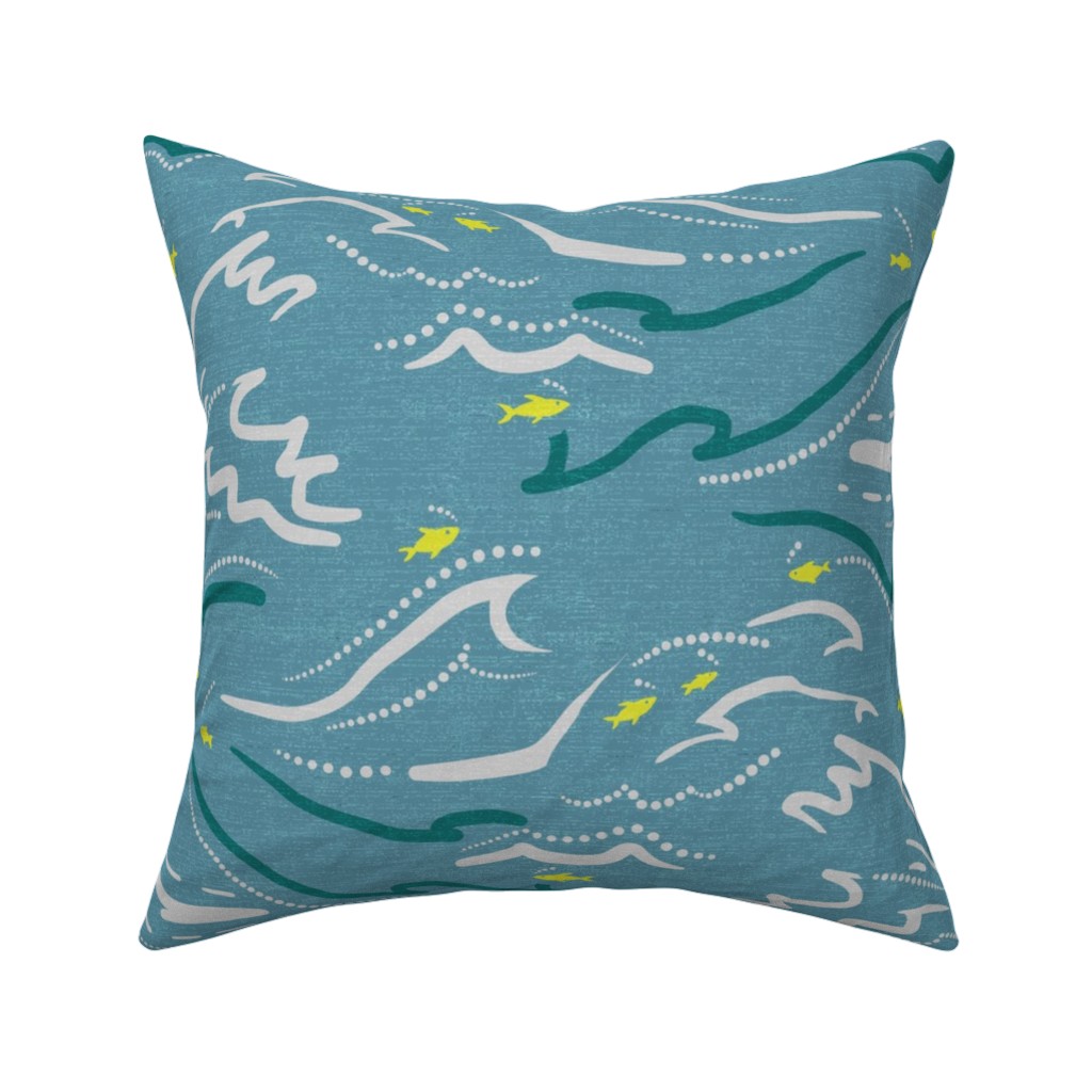Mid Century Fish and Waves Pillow, Woven, Black, 16x16, Single Sided, Blue
