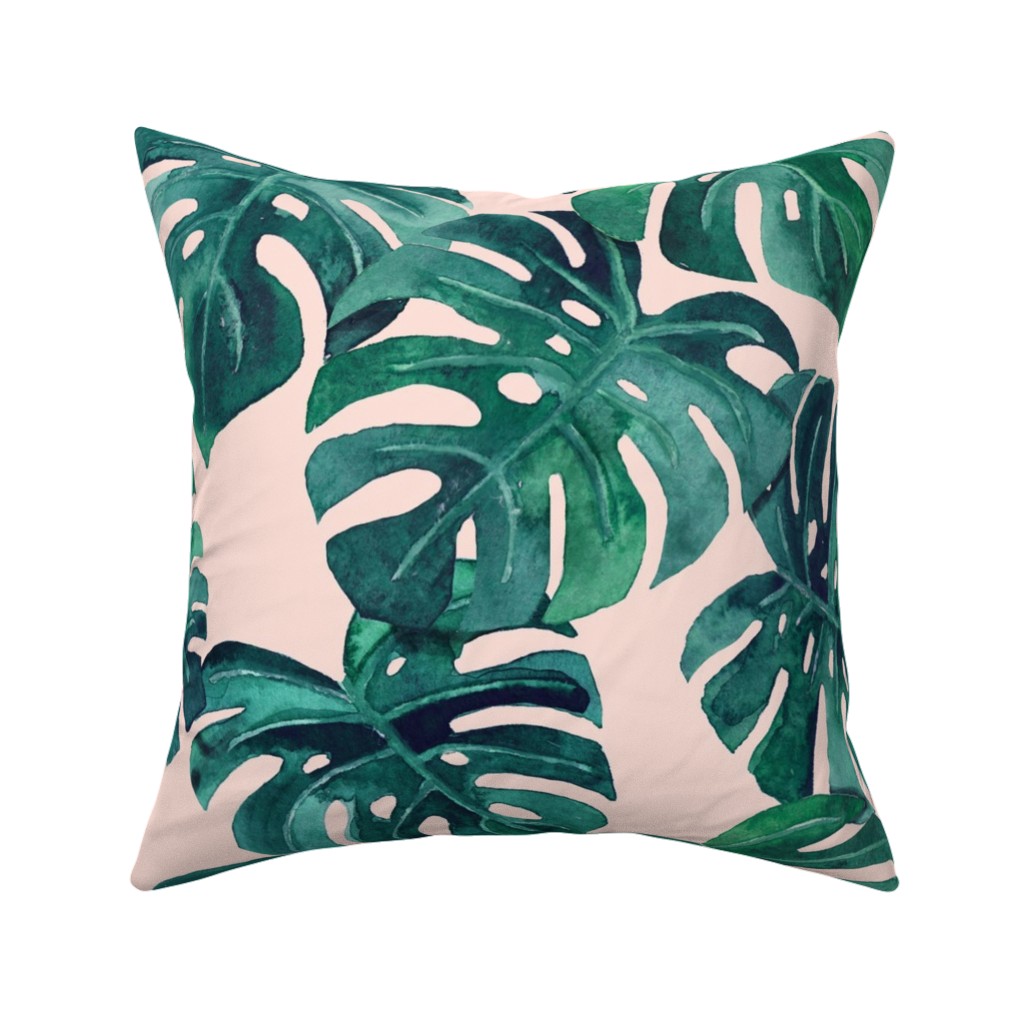 Watercolor Monstera Leaves - Green on Blush Pink Pillow, Woven, Black, 16x16, Single Sided, Green