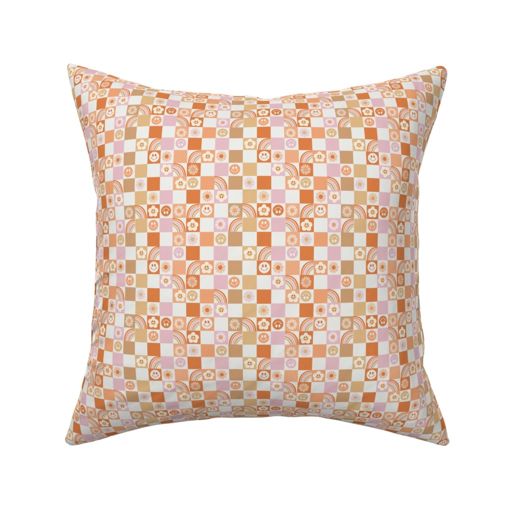 Retro Checkerboard - Daisy, Smile, Happy - Pink Orange Pillow, Woven, Black, 16x16, Single Sided, Orange, Orange
