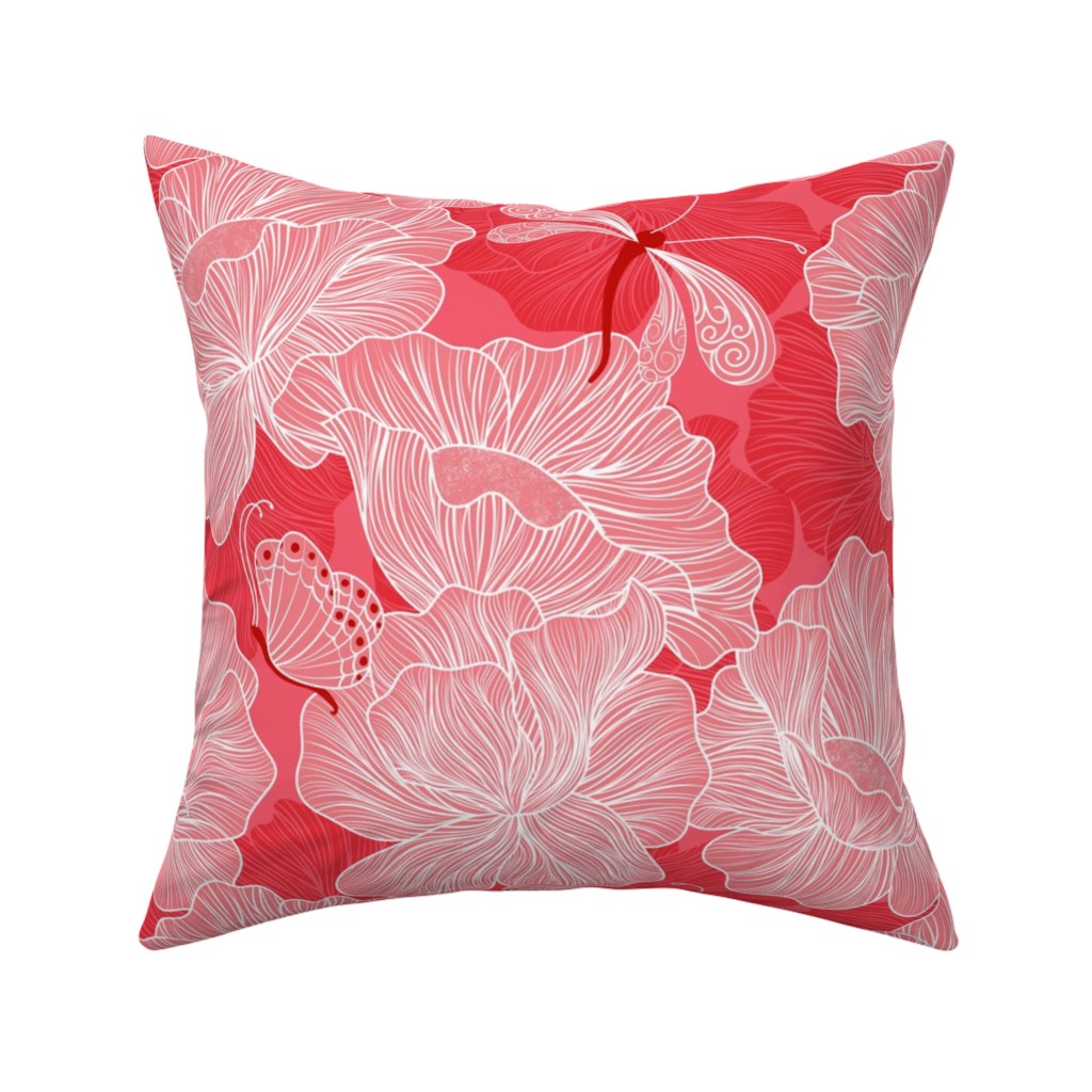 Floral & Butterflies on Scarlet Pillow, Woven, Black, 16x16, Single Sided, Pink, Bright Pink